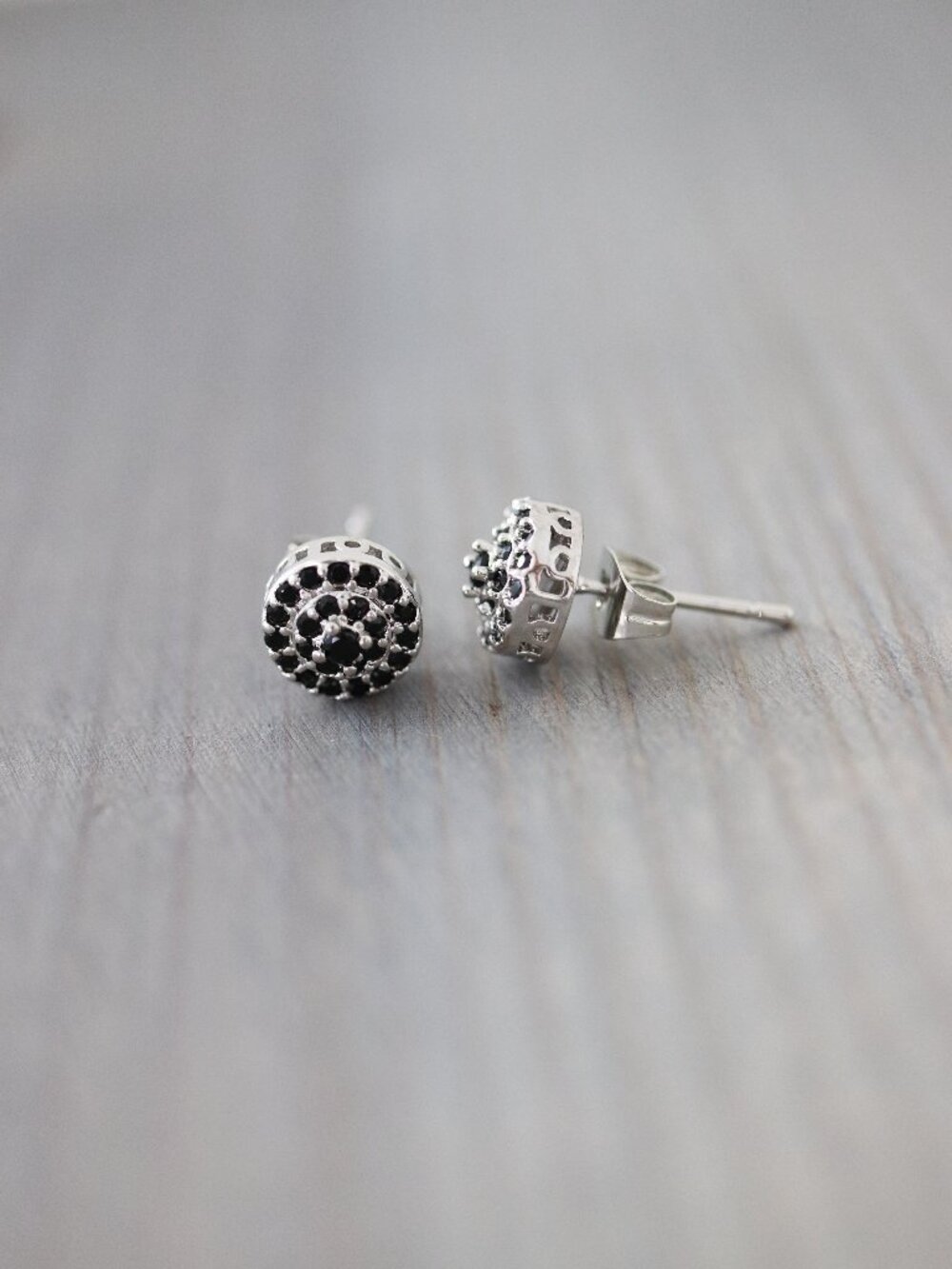 Round Pave Black CZ Diamond Stud Earrings Silver Stainless Steel